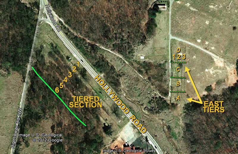 Aerial view of all four sections of Hollywood Cemetery showing grid lines and divisions.